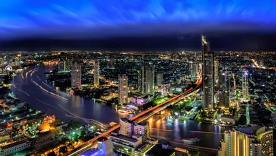 Nighttime Aerial Bangkok Thailand Illuminated World Wallpaper 4K 3000x1695 Red, Pink, Ultrawide, QHD