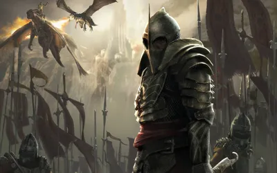 Radiant Fierce Wallpaper Fantasy Wallpaper 4K 1920x1200 A, Fierce, Knight, Stands, In, Sturdy, Armor, Against, Backdrop, Dragons, Banners, Embodying, Gray, Ultrawide, Full HD