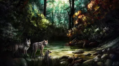 Dark Artistic Forest Wolves Near Black/Dark Wallpaper 4K 1800x1011 A, Dark, Artistic, Forest, Scene, Featuring, Wolves, Near, Shimmering, Water, Source, Surrounded, Brown, Gray, Ultrawide