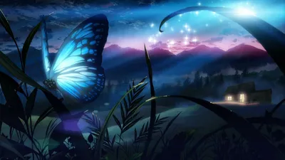 Glowing Blue Butterfly Resting Nature Wallpaper 4K 1920x1080 Green, Pink, Brown, Full HD, Ultrawide