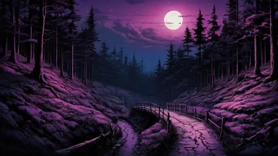 Purple Hued Forest Night Space Wallpaper 4K 1920x1080 Hd, Pc, Desktop, Wallpaper, Of, A, Purple-hued, Forest, Night, Featuring, Stone, Bridge, Gray, Ultrawide, Full HD