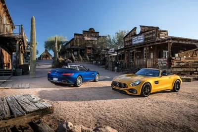 Yellow Amg Blue World Wallpaper 4K 4096x2731 Yellow, Mercedes-amg, Gt, And, Blue, Convertible, Parked, In, Rustic, Old, Western, Town, Gray, Pink, Landscape, 4K