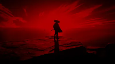 Ghost Tsushima Lone Warrior Silhouetted Nature Wallpaper 4K 5997x3372 Ghost, Of, Tsushima, 4K, Ultra, Hd, Pc, Wallpaper, Featuring, Lone, Warrior, Silhouetted, Red, Ultrawide