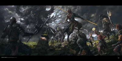 Serene Depicting Wallpaper Fantasy Wallpaper 4K 2400x1201 Hd, Desktop, Wallpaper, Depicting, A, Dramatic, Fantasy, Battle, Scene, Warriors, Mythical, Creatures, Brown, Gray, Ultrawide, Full HD