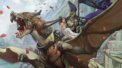 Knight Armor Rides Fantasy Wallpaper 4K 1920x1080 A, Knight, In, Armor, Rides, Majestic, Dragon, Accompanied, Woman, White, Soaring, Over, Gray, Ultrawide, Full HD