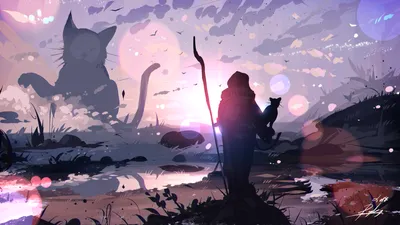 Fantasy Landscape Silhouetted Figure Holding Nature Wallpaper 4K 1920x1080 Hd, Fantasy, Landscape, Wallpaper, Featuring, A, Silhouetted, Figure, Holding, Cat, Gazing, Giant, White, Gray, Ultrawide, Full HD