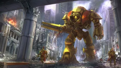 Towering Warhammer 40k Warrior Stands World Wallpaper 4K 2560x1440 A, Towering, Warhammer, 40k, Warrior, Stands, Armed, In, War-torn, Cityscape, Depicted, High-definition, Gray, White, Ultrawide, QHD