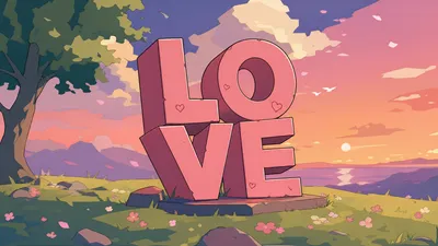 Pink Love Letters Nature Wallpaper 4K 3840x2160 3d, Pink, Love, Letters, On, A, Grassy, Hill, Sunset, Tree, Wildflowers, Distant, Purple, Ultrawide, 4K