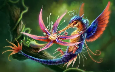 Vibrant Fantasy Creature Perched Nature Wallpaper 4K 1920x1200 A, Vibrant, Fantasy, Creature, Perched, On, Branch, Delicately, Interacting, Colorful, Flower, Amidst, Brown, Ultrawide, Full HD