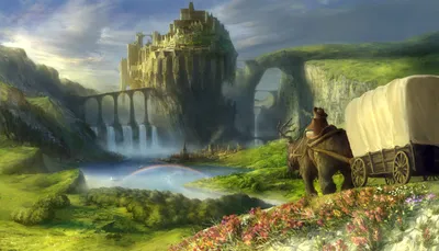 Crisp Breathtaking Wallpaper Nature Wallpaper 4K 1920x1100 A, Breathtaking, Fantasy, Landscape, Featuring, Majestic, City, Atop, Rocky, Cliff, Shimmering, River, Gray, Ultrawide, Full HD
