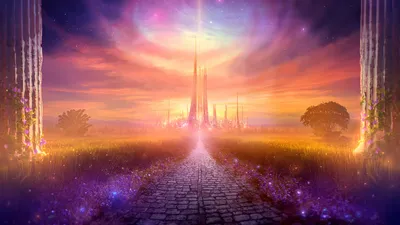 Bold Magical Wallpaper Fantasy Wallpaper 4K 1920x1080 Magical, Fantasy, City, At, Sunset, With, Glowing, Purple, Lights, Along, Cobblestone, Path, Pink, Gray, Ultrawide, Full HD