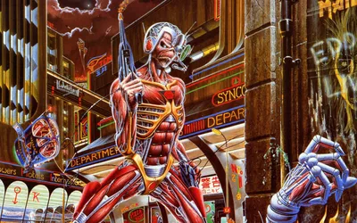 Vibrant Iron Maiden Themed Futuristic World Wallpaper 4K 1920x1200 A, Vibrant, Iron, Maiden-themed, Hd, Desktop, Wallpaper, Featuring, Futuristic, Skeletal, Figure, Bustling, Brown, Black, Ultrawide, Full HD