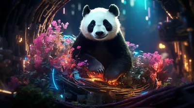 Fantasy Themed Panda Surrounded Vibrant Fantasy Wallpaper 4K 2912x1632 A, Fantasy-themed, Hd, Pc, Desktop, Wallpaper, Featuring, Panda, Surrounded, Vibrant, Glowing, Vegetation, White, Ultrawide, QHD