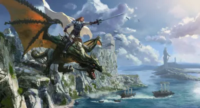 Brave Knight Rides Fierce Dragon Fantasy Wallpaper 4K 2007x1080 A, Brave, Knight, Rides, Fierce, Dragon, Over, Coastal, Landscape, Ships, Sailing, Below, Gray, Ultrawide, Full HD