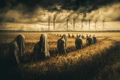 Sleek Dark Wallpaper Fantasy Wallpaper 4K 3000x2000 Dark, Artistic, Hd, Desktop, Wallpaper, Showing, Hooded, Figures, Field, Chimneys, Emitting, Smoke, Gray, Landscape, QHD