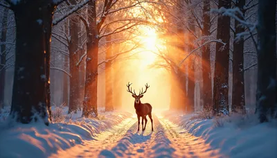 Bright Majestic Wallpaper Nature Wallpaper 4K 6000x3429 A, Majestic, Deer, Stands, In, Snowy, Forest, Bathed, Warm, Golden, Light, Captured, White, Ultrawide, 4K