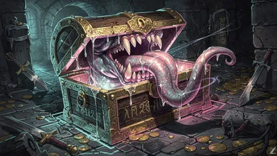 Radiant Mimic Wallpaper Fantasy Wallpaper 4K 3072x1728 Mimic, Fantasy, A, Gold-trimmed, Treasure, Chest, With, Fanged, Maw, Long, Tongue, Gray, Ultrawide, QHD