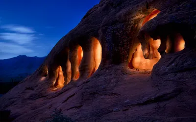 Tribal Caves Illuminated Nature Wallpaper 4K 2560x1600 A, Stunning, View, Of, Tribal, Caves, Illuminated, Against, Twilight, Sky, Showcasing, Intricate, Red, Ultrawide, QHD