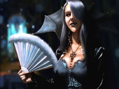 Serene Dark Wallpaper Black/Dark Wallpaper 4K 1600x1200 A, Dark, High-definition, Desktop, Wallpaper:, Featuring, Woman, Silver, Hair, Holding, Fan, Wearing, White, Landscape