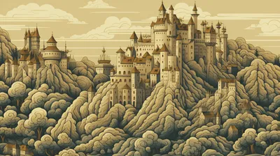 Illustration Sprawling Medieval Castle Perched Fantasy Wallpaper 4K 2912x1632 Illustration, Of, A, Sprawling, Medieval, Castle, Perched, Atop, Rolling, Hills, Desktop, Gray, Ultrawide, QHD