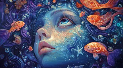 Dreamy Artistic Wallpaper Fantasy Wallpaper 4K 2912x1632 Artistic, Fantasy, Hd, Wallpaper, Of, A, Dreamy, Girl, Surrounded, Vibrant, Fish, Underwater, Gray, Ultrawide, QHD