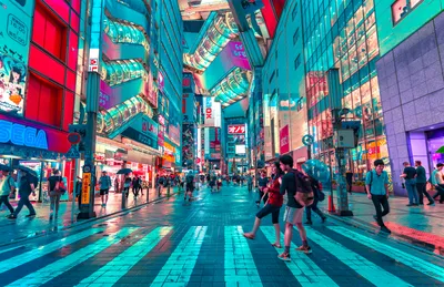 Dark Colorful Wallpaper Abstract Wallpaper 4K 7767x5039 Colorful, Tokyo, Street, Scene, At, Night, Featuring, Bright, Neon, Lights, Bustling, Pedestrian, Yellow, Brown, Ultrawide, 4K
