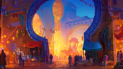 Vibrant Fantasy City Fantasy Wallpaper 4K 1920x1080 Vibrant, Fantasy, City, Market, Scene, At, Dusk, With, Warm, Glowing, Lights, Bustling, Orange, Purple, Yellow, Ultrawide, Full HD