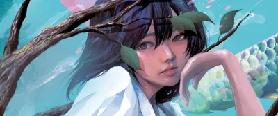 Anime Portrait Contemplative Girl Black/Dark Wallpaper 4K 4096x1724 Anime-style, Portrait, Of, A, Contemplative, Girl, With, Dark, Hair, Framed, Branches, Green, White, Ultrawide, 4K