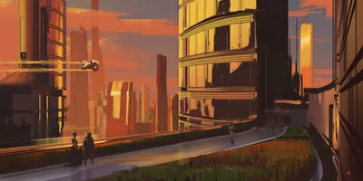 Futuristic City Sunset Space Wallpaper 4K 1920x960 Hd, Desktop, Wallpaper, Of, A, Futuristic, City, At, Sunset, High-rises, Pedestrians, Green, Orange, Brown, Ultrawide, Full HD