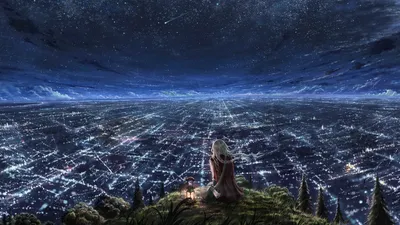 Fantasy Night Cityscape Person Space Wallpaper 4K 1920x1080 Hd, Fantasy, Night, Cityscape, Wallpaper, A, Person, With, Braid, Sits, Atop, Hillside, Brown, Ultrawide, Full HD
