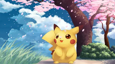 Pikachu Stands Happily Blossom Nature Wallpaper 4K 1920x1080 Pikachu, Stands, Happily, Under, A, Blossom, Tree, With, Petals, Falling, Featuring, Blue, White, Ultrawide, Full HD