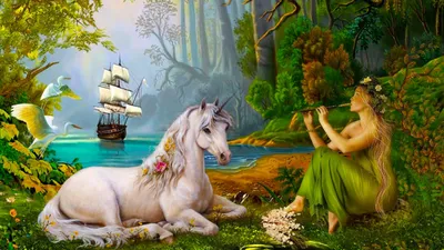 Fantasy Unicorn Woman Playing Fantasy Wallpaper 4K 1920x1080 A, Fantasy, Hd, Wallpaper, Featuring, Unicorn, Woman, Playing, Flute, Sailboat, Birds, Lush, White, Gray, Ultrawide, Full HD