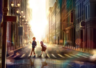 Anime City Two Characters World Wallpaper 4K 3508x2480 Anime-style, City, Scene, Featuring, Two, Characters, Crossing, A, Sunlit, Street, Captured, Desktop, White, Landscape, QHD