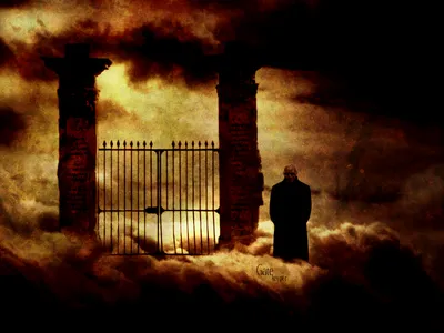 Radiant Dark Wallpaper Black/Dark Wallpaper 4K 1600x1200 A, Dark, Atmospheric, Scene, Features, Two, Towering, Stone, Pillars, Wrought, Iron, Gate, Brown, Orange, Landscape