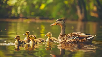Mother Duck Leading Her Ducklings Abstract Wallpaper 4K 2910x1630 Ultrawide, QHD