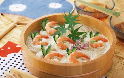 Wooden Bowl Chilled Shrimp Pasta Abstract Wallpaper 4K 1918x1198 Ultrawide