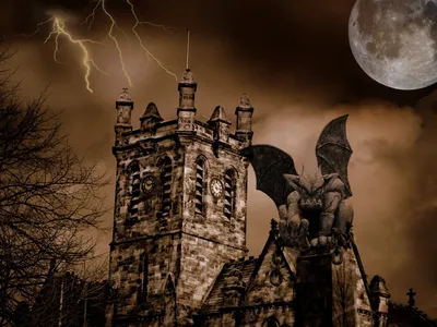 Dreamy Dark Wallpaper Space Wallpaper 4K 1600x1200 A, Dark, Atmospheric, Hd, Wallpaper, Featuring, Gargoyle, Perched, Atop, Stone, Tower, Illuminated, Brown, Landscape