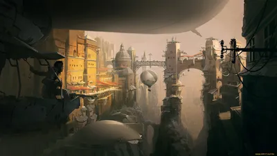Fantasy Cityscape Towering Structures Airships World Wallpaper 4K 1920x1080 Hd, Fantasy, Cityscape, Features, Towering, Structures, Airships, Floating, Amid, Bridges, Spires, Creating, Gray, Ultrawide, Full HD