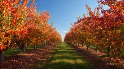 Rows Apple Trees Nature Wallpaper 4K 4070x2278 Red-orange, Ultrawide, 4k