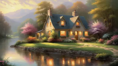 Warm Glowing Cottage Lakeside Island Nature Wallpaper 4K 3838x2158 Mirror-like, Ultrawide, QHD