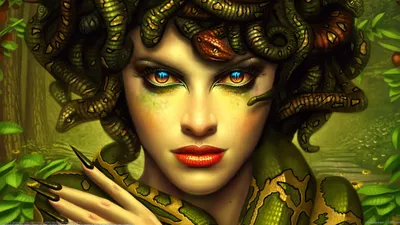 Fantasy Medusa Glowing Eyes Fantasy Wallpaper 4K 2558x1438 Full HD, Ultrawide