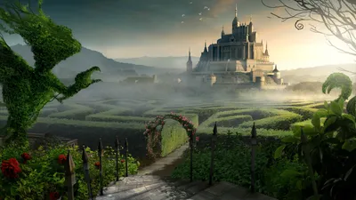 Magical Fantasy Castle Rises Fantasy Wallpaper 4K 1920x1080 A, Magical, Fantasy, Castle, Rises, Above, Misty, Landscape, Surrounded, Lush, Hedges, Whimsical, Gray, Ultrawide, Full HD