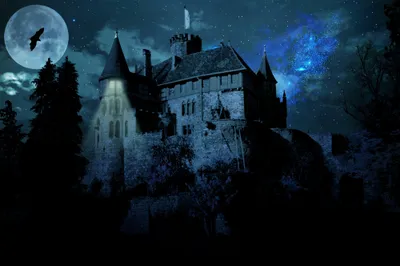 Dark Moonlit Castle Rocky Hill Space Wallpaper 4K 2000x1329 Dark, Moonlit, Castle, On, A, Rocky, Hill, Beneath, Starry, Blue, Nebula, Raven, Brown, Ultrawide, Full HD