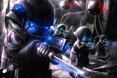 Dark Anime Original Technology Wallpaper 4K 1920x1280 Dark, Anime, Original, Hd, Pc, Desktop, Wallpaper, Robotic, Soldiers, Rain, Glowing, Blue, White, Gray, Landscape, Full HD