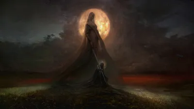 Calm Dark Wallpaper Space Wallpaper 4K 1920x1080 Dark, Warrior, Silhouetted, Before, A, Glowing, Full, Moon, Cloaked, Figure, Kneeling, Swordbearer, Gray, Orange, Ultrawide, Full HD