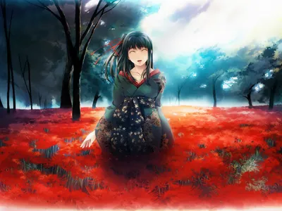 Anime Woman Dark Hair Nature Wallpaper 4K 1920x1440 Anime, Woman, With, Dark, Hair, In, A, Floral, Kimono, Kneels, Vivid, Red, White, Landscape, Full HD