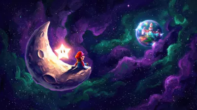 Mario Luma Sit Space Wallpaper 4K 3840x2160 Mario, And, A, Luma, Sit, On, Crescent, Moon, Gazing, Colorful, Planet, Amid, White, Ultrawide, 4K