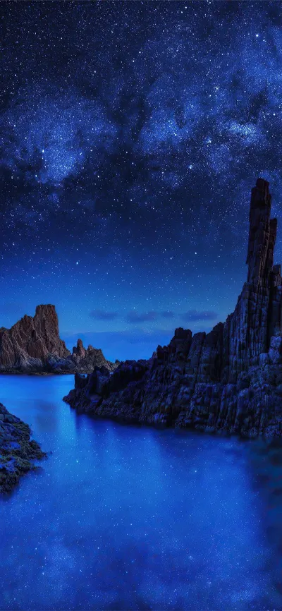 Ocean Rocks Starry Night Space Wallpaper 4K 1125x2436 Red, Brown