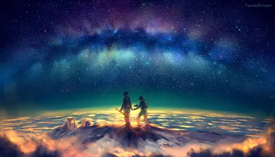 Two Anime Characters Stand Mountain Space Wallpaper 4K 1920x1096 Two, Anime, Characters, Stand, On, A, Mountain, Peak, Beneath, Star-filled, Sky, Vibrant, Gray, Brown, Ultrawide, Full HD