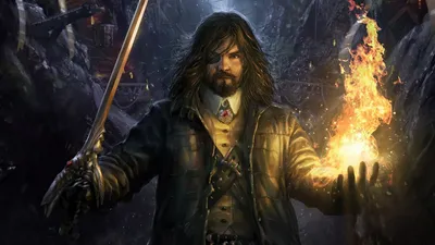 Golden Powerful Wallpaper Fantasy Wallpaper 4K 1920x1080 A, Powerful, Sorcerer, Stands, In, Dark, Mystical, Setting, Wielding, Sword, Conjuring, Flames, Brown, Orange, Ultrawide, Full HD
